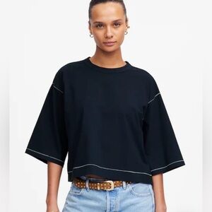 Madewell Women's medium  Tee Boxy Wide Sleeve Exposed Stitch Tee navy Blue NWT
